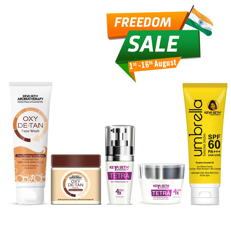 Tan Removal Skincare Routine – Facewash, Serum, Face Pack & SPF 60 to Exfoliate, Brighten, Fade Tan, Dark Spots & Protect from Sun Damage - Keya Seth Aromatherapy