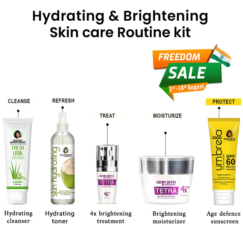 Hydrating & Brightening Skincare Routine Kit - Aloe Vera Face Wash, Green Coconut Toner, Brightening Serum, Whitening Cream & Umbrella SPF 60 Sunscreen for Radiant Skin - Keya Seth Aromatherapy