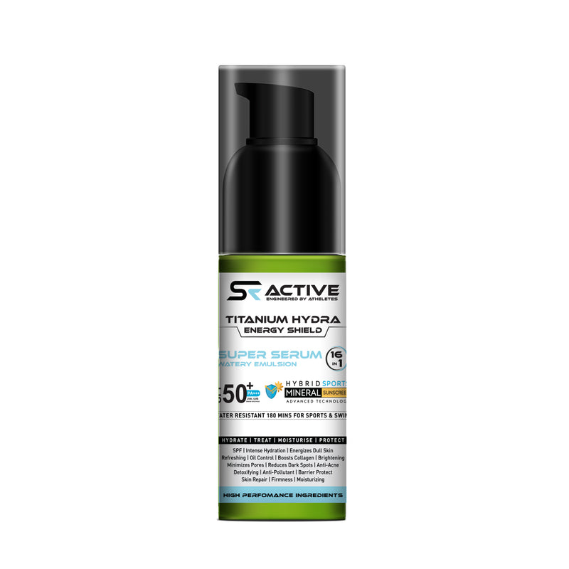 SR Active, Titanium Hydra Energy Shield Sports Mineral Super Serum Sunscreen SPF50 PA+++, 16-in-1 Watery Emulsion, Water-Resistant 180min - Keya Seth Aromatherapy