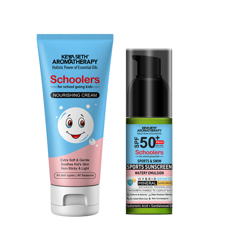 Schoolers Kids Nourishing Cream & Sports Mineral Watery Sunscreen SPF 50 PA+++ Combo Kit for Boys & Girls – Lightweight, Moisturizing, No White Cast - Keya Seth Aromatherapy