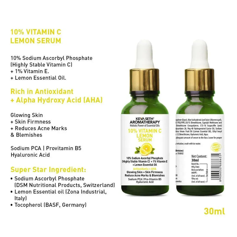 Free 10% Vitamin C Lemon Serum, Sodium Ascorbyl Phosphate + Vitamin E & Lemon Essential Oil, Antioxidants + AHA, Glowing Skin & Firmness, Reduces Acne Marks - Keya Seth Aromatherapy