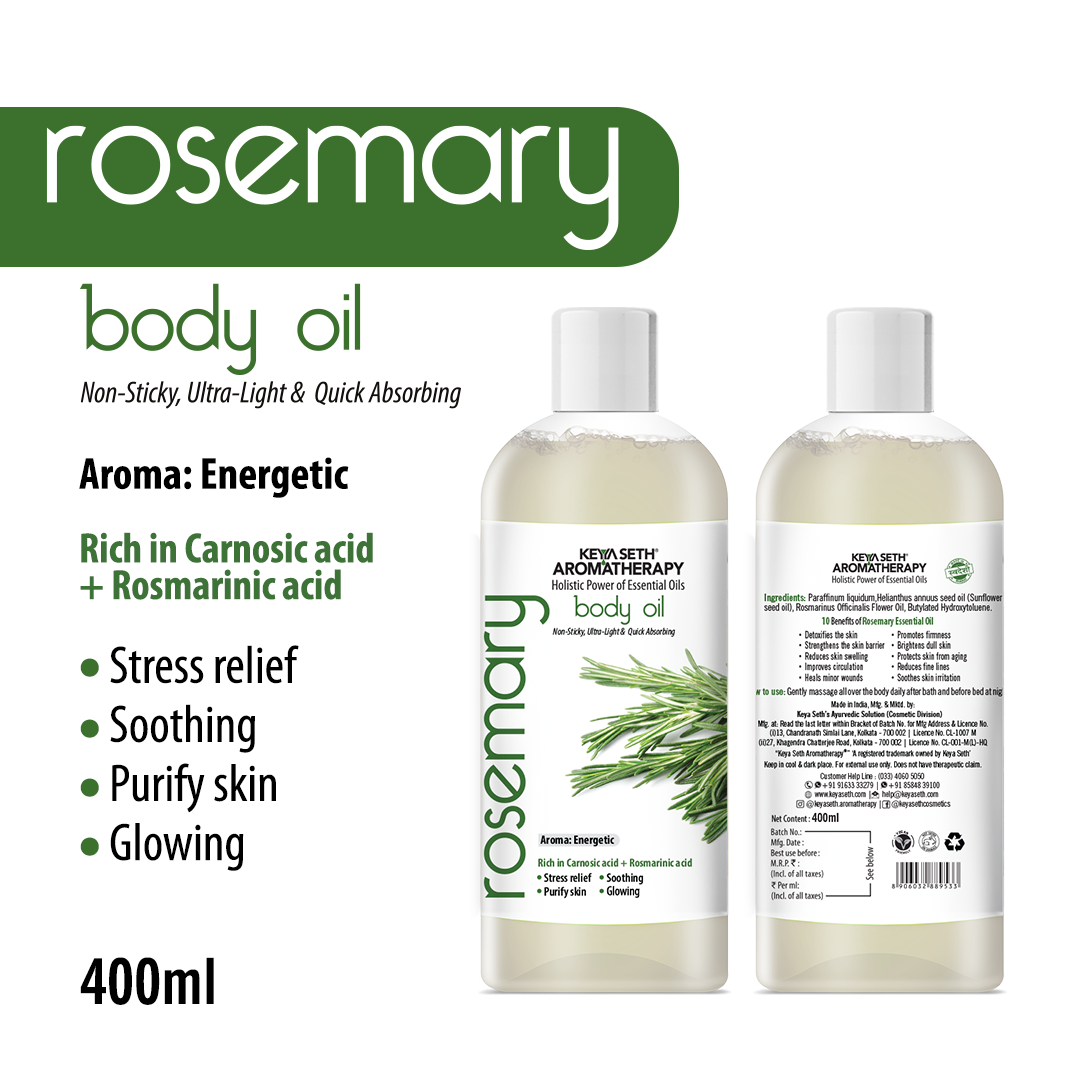 Rosemary Body Oil – Stress Relieving, Anti-Ageing & Soothing For Glowing Skin; Non-Sticky, Quick-Absorbing - Keya Seth Aromatherapy