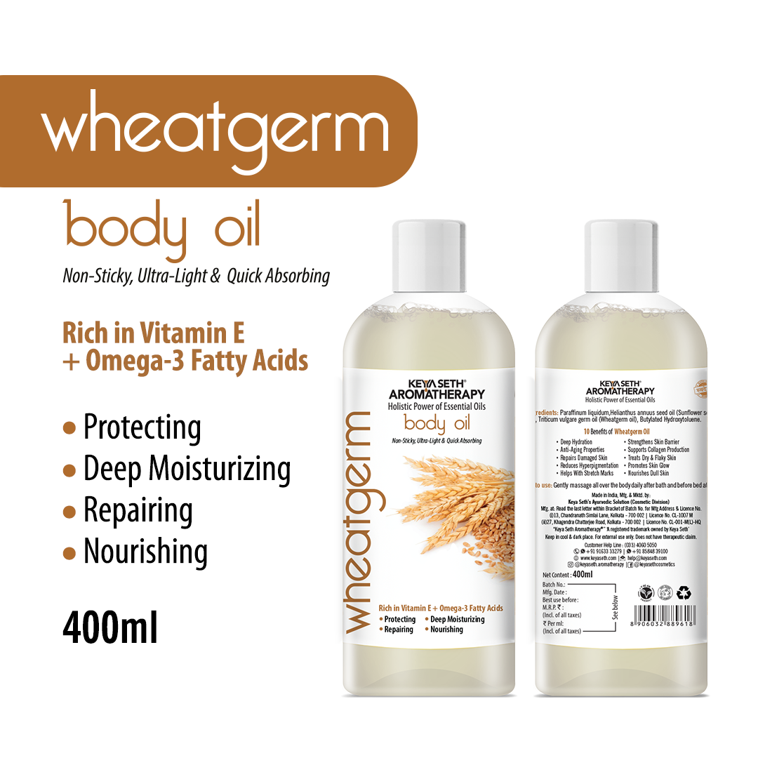 Wheatgerm Body Oil - Protecting, Deep Moisturizing, Repairing, Nourishing; Non-Sticky, Quick-Absorbing - Keya Seth Aromatherapy