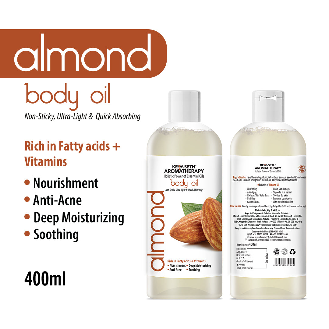 Almond Body Oil - Anti-Acne, Deep Moisturizing, Soothing, Skin Nourishment; Non-Sticky, Quick-Absorbing