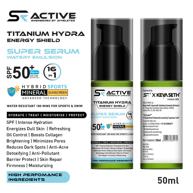 SR Active, Titanium Hydra Energy Shield Sports Mineral Super Serum Sunscreen SPF50 PA+++, 16-in-1 Watery Emulsion, Water-Resistant 180min - Keya Seth Aromatherapy