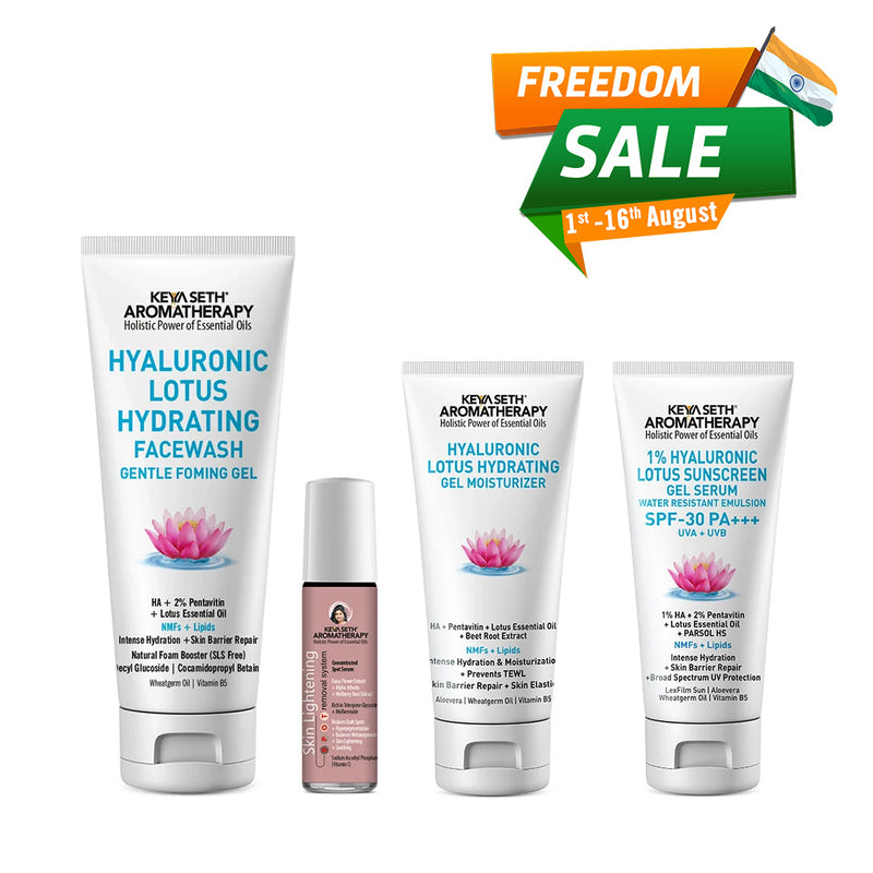 Daily Skincare Routine for Spot Removal & Hydration – Facewash, Serum, Moisturizer, SPF 30 Sunscreen With Hyaluronic Acid, Daisy Flower, Alpha Arbutin, Beetroot Extract, Mulberry Root Extract, Vitamin C & B5 to Fade Dark Spots, Scars & Even Skin Tone - Keya Seth Aromatherapy