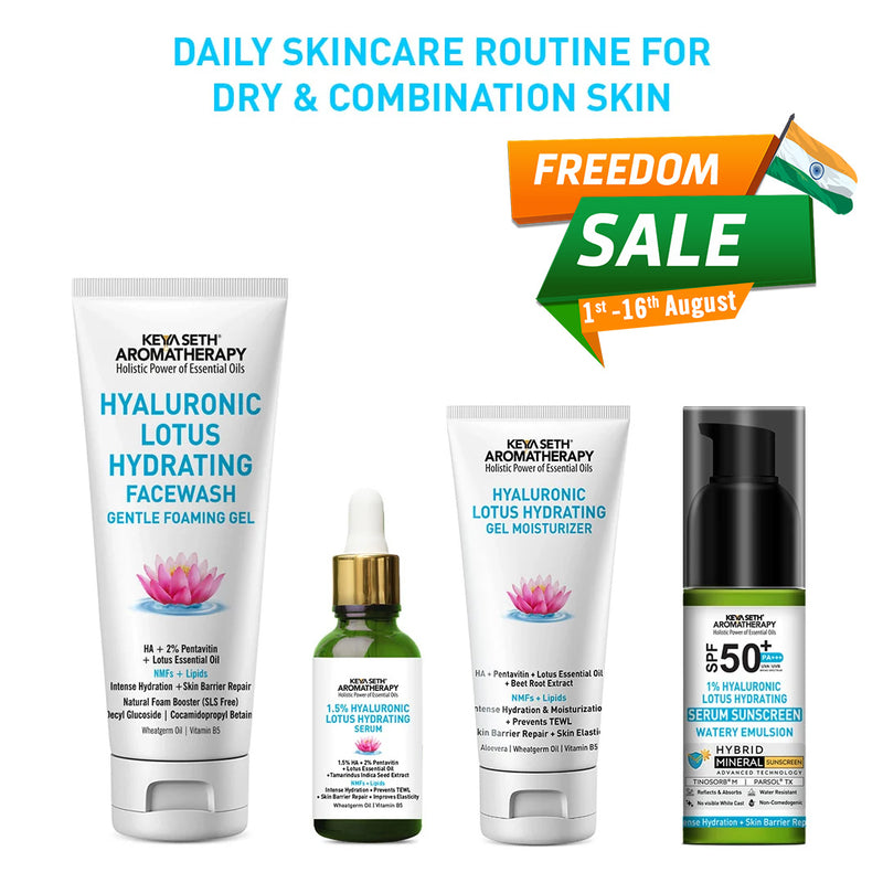 Daily Skincare Routine for Dry & Combination Skin – Hyaluronic Lotus Face Wash, 1.5% Hydrating Serum, Gel Moisturizer with 2% Pentavitin & SPF 50 PA+++ Sunscreen for Intense Hydration and Skin Barrier Repair - Keya Seth Aromatherapy
