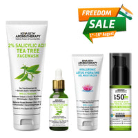 Daily Skincare Routine for Oily & Acne-Prone Skin - 2% Salicylic Acid Tea Tree Facewash & Serum with BHA, Vitamin E & B5 + 2% Pentavitin Moisturizer + Salicylic Tea Tree Oil Control Serum Mineral Sunscreen SPF 50 PA+++ - Keya Seth Aromatherapy