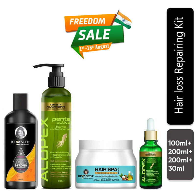 Hair Loss Repair Kit: Rosemary & Tea Tree Oil, Biotin & Pro-Vitamin B5 Shampoo, Jojoba & Lavender Hair Spa, and Korean Red Ginseng Serum for Hair Growth & Strength - Keya Seth Aromatherapy