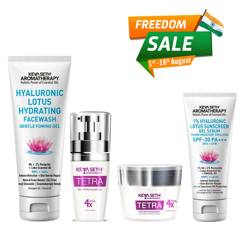 Daily Skin Care Routine for Brightening + Radiant Skin with Hyaluronic Facewash, Vitamin C Serum, Alpha Arbutin Moisturizer & 1% Hyaluronic Lotus Sunscreen Gel - Keya Seth Aromatherapy