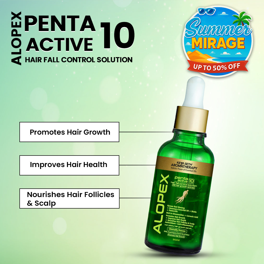 Alopex Penta Active 10, Solution for New Hair Growth & Hair Fall Control, Enriched with Korean Red Ginseng, Biotin & Vitamin E (Clinically Proven) - Keya Seth Aromatherapy