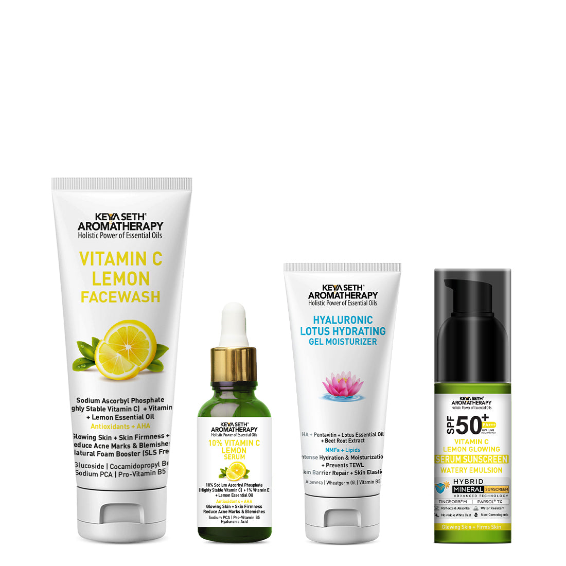 Daily Skincare Routine for Glowing Skin with Vitamin C Lemon Facewash, 10% Vitamin C Serum, 2% Pentavitin & Beet Root Extract Gel Moisturizer, and SPF 30 PA+++ Sunscreen for Deep Hydration & Skin Barrier Support - Keya Seth Aromatherapy
