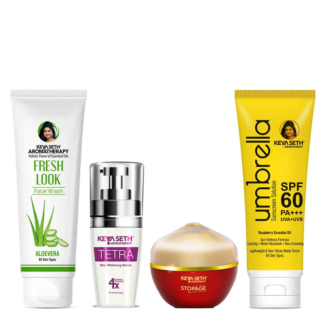 Daily Skincare for Age Defense: Aloe Vera Face Wash, Tetra Serum, Stopage Age Reversal Cream & Umbrella SPF 60 To Fight Wrinkles, Boost Elasticity, Hydrate & Protect For Youthful Skin - Keya Seth Aromatherapy
