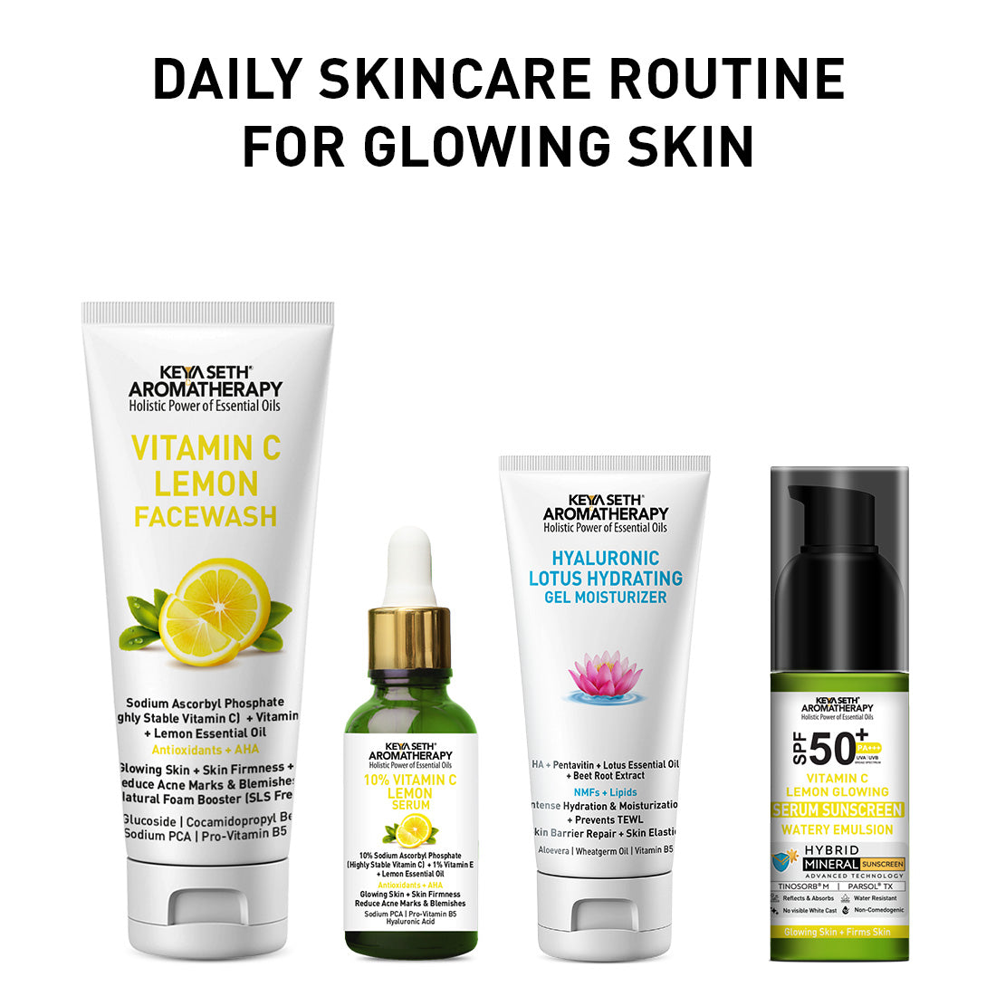 Daily Skincare Routine for Glowing Skin with Vitamin C Lemon Facewash, 10% Vitamin C Serum, 2% Pentavitin & Beet Root Extract Gel Moisturizer, and SPF 30 PA+++ Sunscreen for Deep Hydration & Skin Barrier Support - Keya Seth Aromatherapy