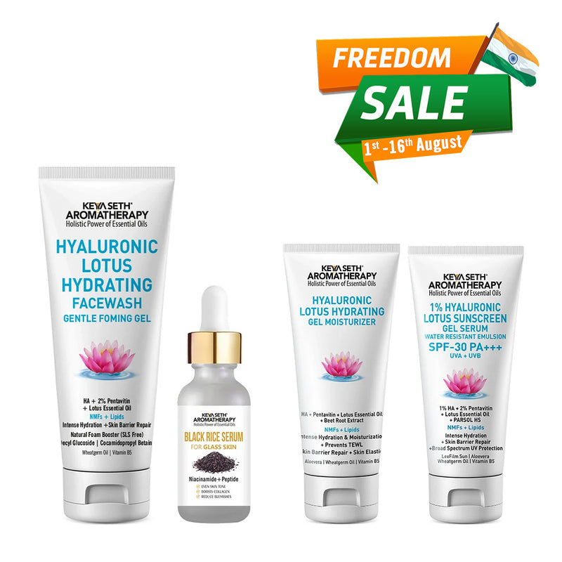 Daily Skincare Routine for Glass Skin – Hydrating Facewash, Black Rice Serum, Gel Moisturizer & Sunscreen for Radiance, Smoothness & Pore Reduction - Keya Seth Aromatherapy