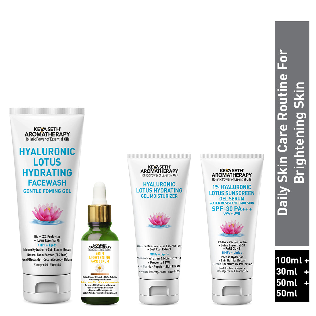 Daily Skincare Routine for Brightening Skin – Facewash, Serum, Moisturizer, Sunscreen With Hyaluronic, Daisy Flower, Alpha Arbutin & Vitamin C to Fade Scars & Even Tone - Keya Seth Aromatherapy