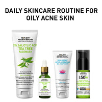 Daily Skincare Routine for Oily & Acne-Prone Skin - 2% Salicylic Acid Tea Tree Facewash & Serum with BHA, Vitamin E & B5 + 2% Pentavitin Moisturizer + 1% Hyaluronic Acid Sunscreen SPF 30