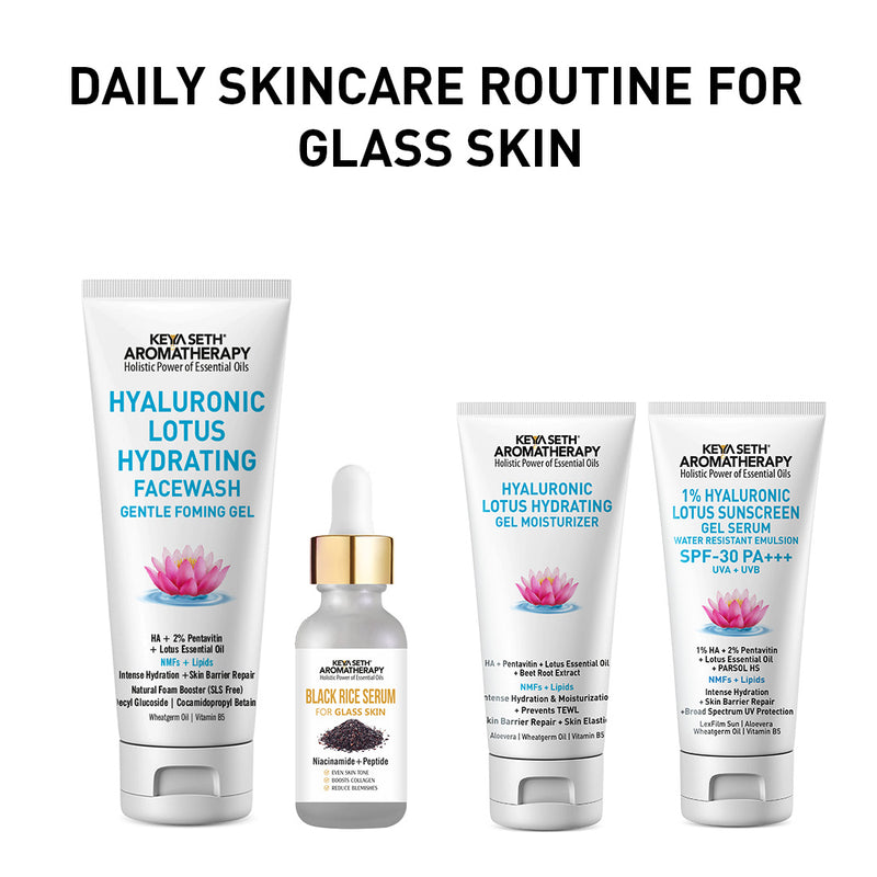 Daily Skincare Routine for Glass Skin – Hydrating Facewash, Black Rice Serum, Gel Moisturizer & Sunscreen for Radiance, Smoothness & Pore Reduction - Keya Seth Aromatherapy
