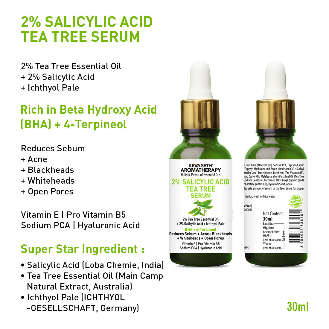 Daily Skincare Routine for Oily & Acne-Prone Skin - 2% Salicylic Acid Tea Tree Facewash & Serum with BHA, Vitamin E & B5 + 2% Pentavitin Moisturizer + 1% Hyaluronic Acid Sunscreen SPF 30