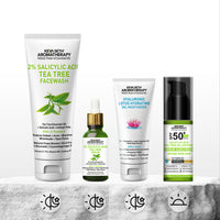 Daily Skincare Routine for Oily & Acne-Prone Skin - 2% Salicylic Acid Tea Tree Facewash & Serum with BHA, Vitamin E & B5 + 2% Pentavitin Moisturizer + 1% Hyaluronic Acid Sunscreen SPF 30
