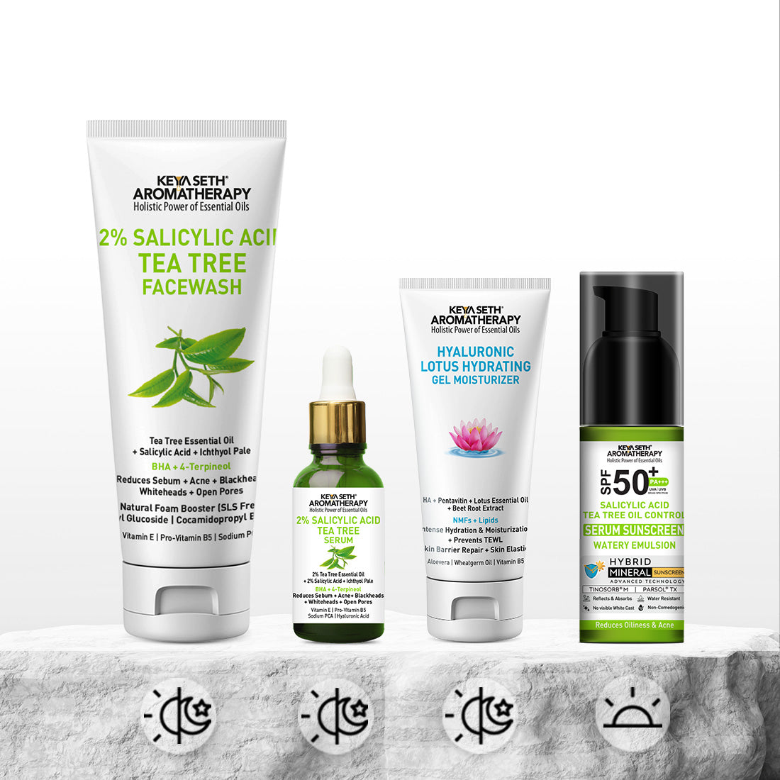 Daily Skincare Routine for Oily & Acne-Prone Skin - 2% Salicylic Acid Tea Tree Facewash & Serum with BHA, Vitamin E & B5 + 2% Pentavitin Moisturizer + 1% Hyaluronic Acid Sunscreen SPF 30