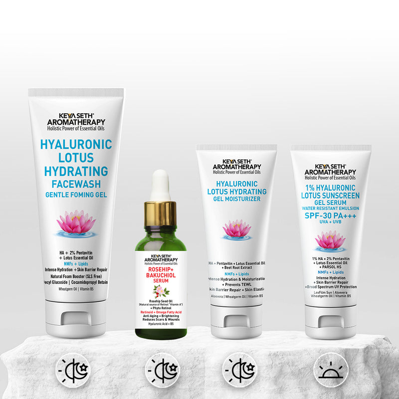 Daily Skincare Routine for Dehydrated, Aging Skin with Hyaluronic Facewash, Rosehip Bakuchiol Serum, Moisturizer & Sunscreen for Hydration, Firmness & Glow - Keya Seth Aromatherapy