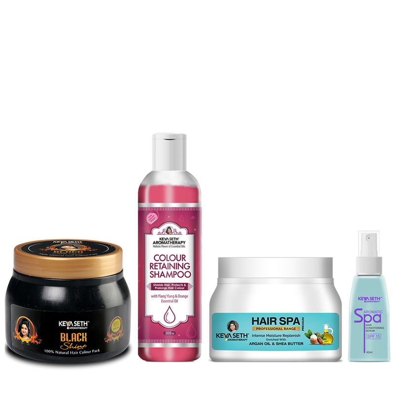 Hair Color Kit: Black Shine Hair Color Pack, Color Retaining Shampoo, Jojoba & Lavender Hair Spa & Aromatic Serum for Long-Lasting, Vibrant & Nourished Hair - Keya Seth Aromatherapy