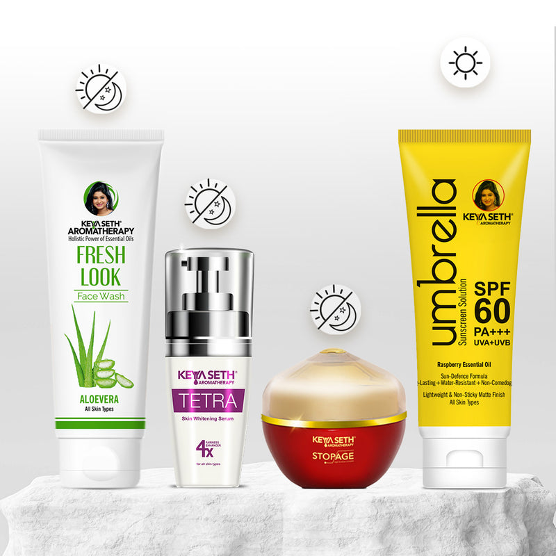 Daily Skincare for Age Defense: Aloe Vera Face Wash, Tetra Serum, Stopage Age Reversal Cream & Umbrella SPF 60 To Fight Wrinkles, Boost Elasticity, Hydrate & Protect For Youthful Skin - Keya Seth Aromatherapy