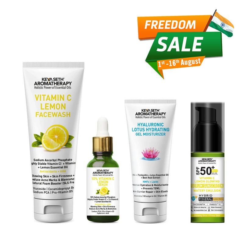 Daily Skincare Routine for Glowing Skin with Vitamin C Lemon Facewash, 10% Vitamin C Serum, 2% Pentavitin & Beet Root Extract Gel Moisturizer, and SPF 50 PA+++ Sunscreen for Deep Hydration & Skin Barrier Support - Keya Seth Aromatherapy