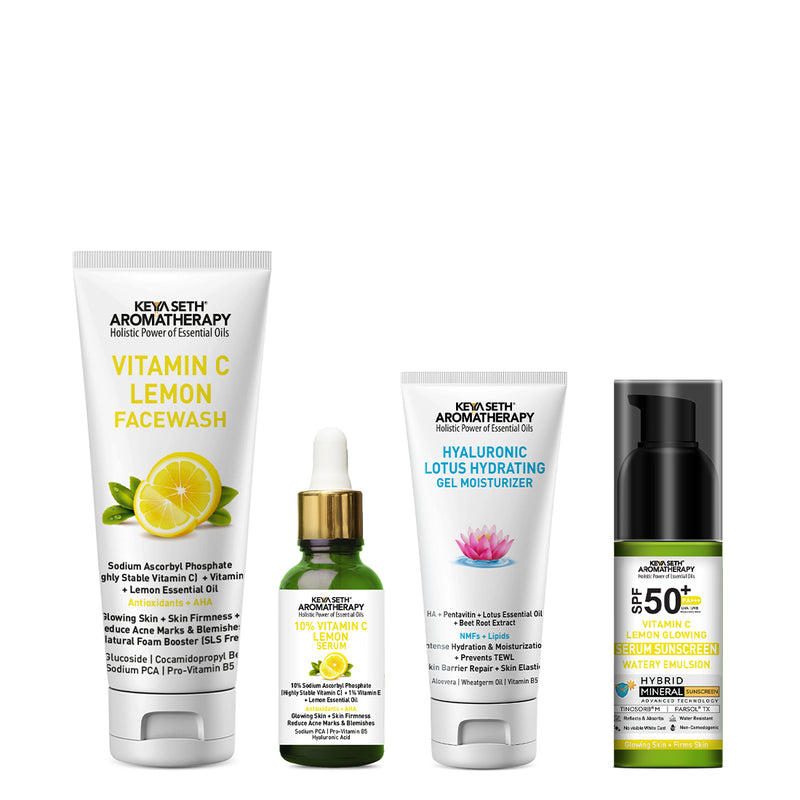 Daily Skincare Routine for Glowing Skin with Vitamin C Lemon Facewash, 10% Vitamin C Serum, 2% Pentavitin & Beet Root Extract Gel Moisturizer, and SPF 30 PA+++ Sunscreen for Deep Hydration & Skin Barrier Support - Keya Seth Aromatherapy
