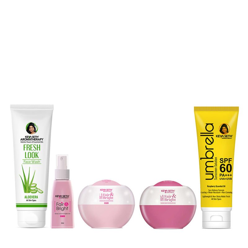 Fair & Bright Skincare Routine – Hydrating Facewash, Brightening Serum, Day/Night Cream & SPF 60 for Radiance & Spot Control - Keya Seth Aromatherapy