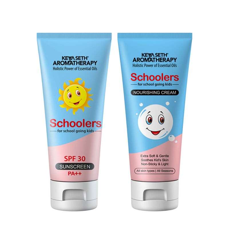 Schoolers Kids Nourishing Cream & Mineral Sunscreen SPF 30 PA++ Combo Kit for Boys & Girls – Deeply Moisturizing, Ultra-Light, No White Cast - Keya Seth Aromatherapy