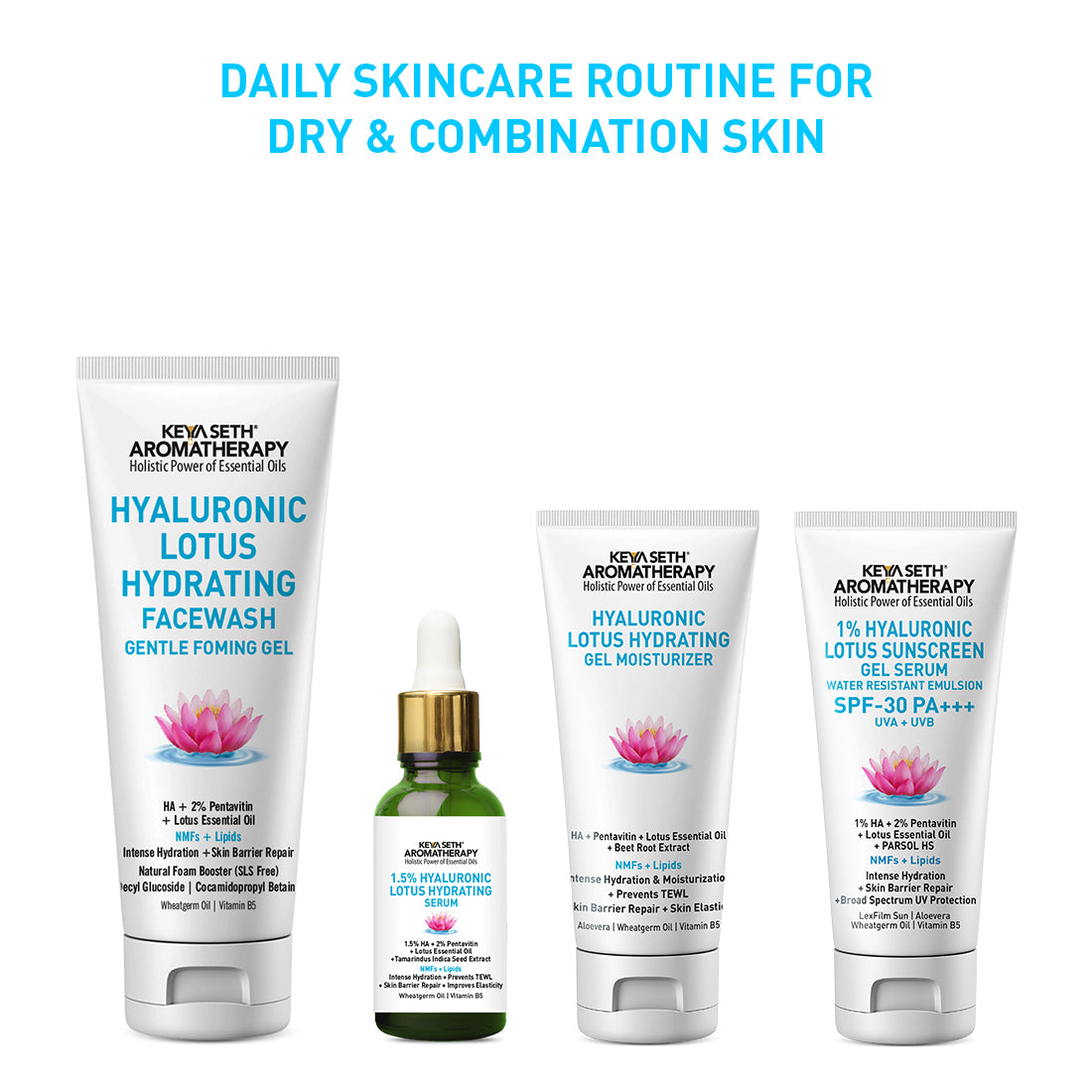 Complete Hydrating & Plumping Kit: Hyaluronic Lotus Face Wash, 1.5% Serum, Gel Moisturizer with 2% Pentavitin + Parsol HS, SPF 30+++ Sunscreen for Intense Hydration & Skin Barrier Repair - Keya Seth Aromatherapy