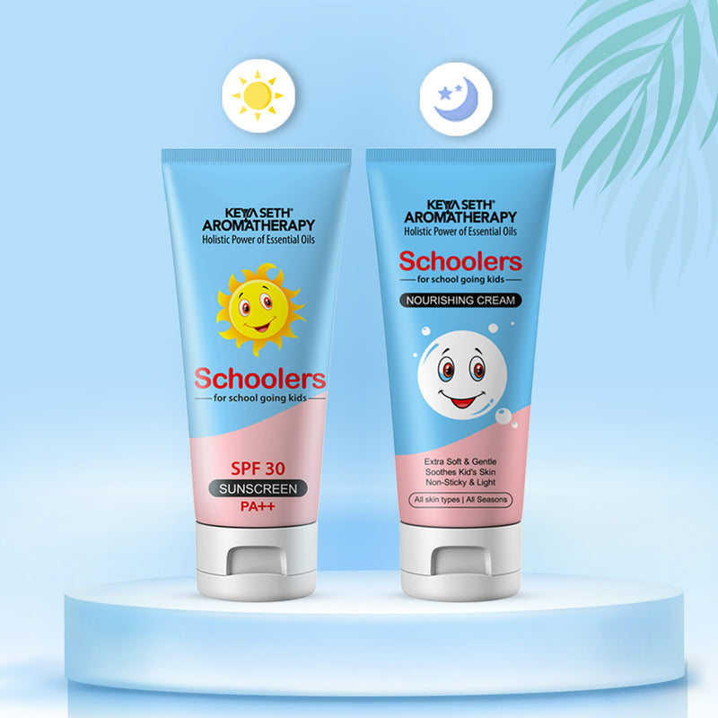 Schoolers Kids Nourishing Cream & Mineral Sunscreen SPF 30 PA++ Combo Kit for Boys & Girls – Deeply Moisturizing, Ultra-Light, No White Cast - Keya Seth Aromatherapy