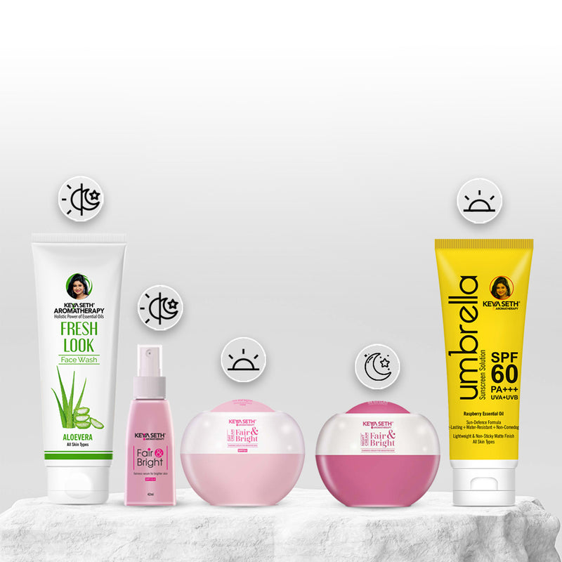 Fair & Bright Skincare Routine – Hydrating Facewash, Brightening Serum, Day/Night Cream & SPF 60 for Radiance & Spot Control - Keya Seth Aromatherapy