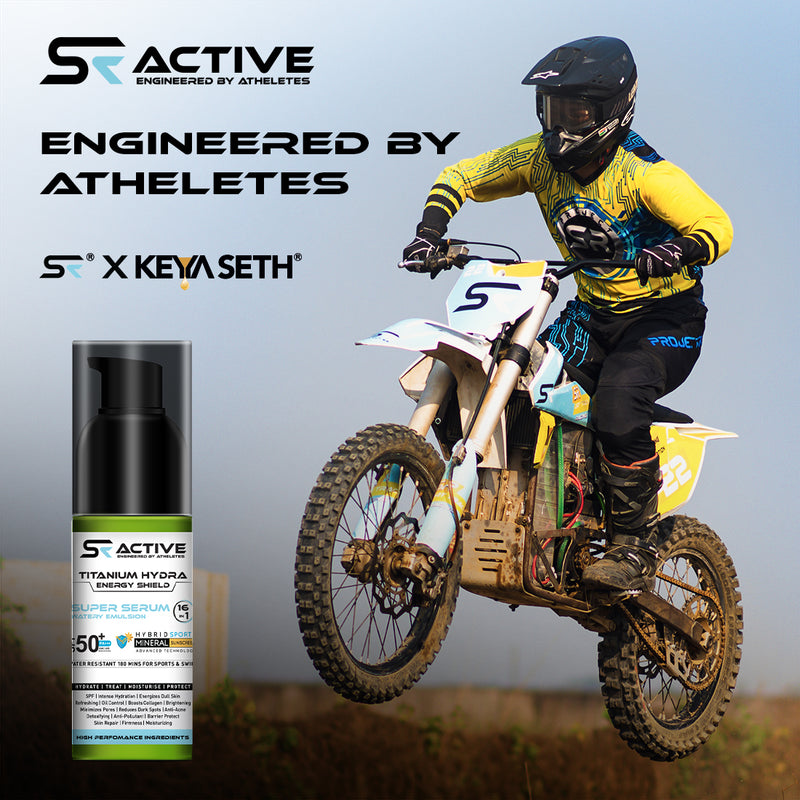 SR Active, Titanium Hydra Energy Shield Sports Mineral Super Serum Sunscreen SPF50 PA+++, 16-in-1 Watery Emulsion, Water-Resistant 180min - Keya Seth Aromatherapy