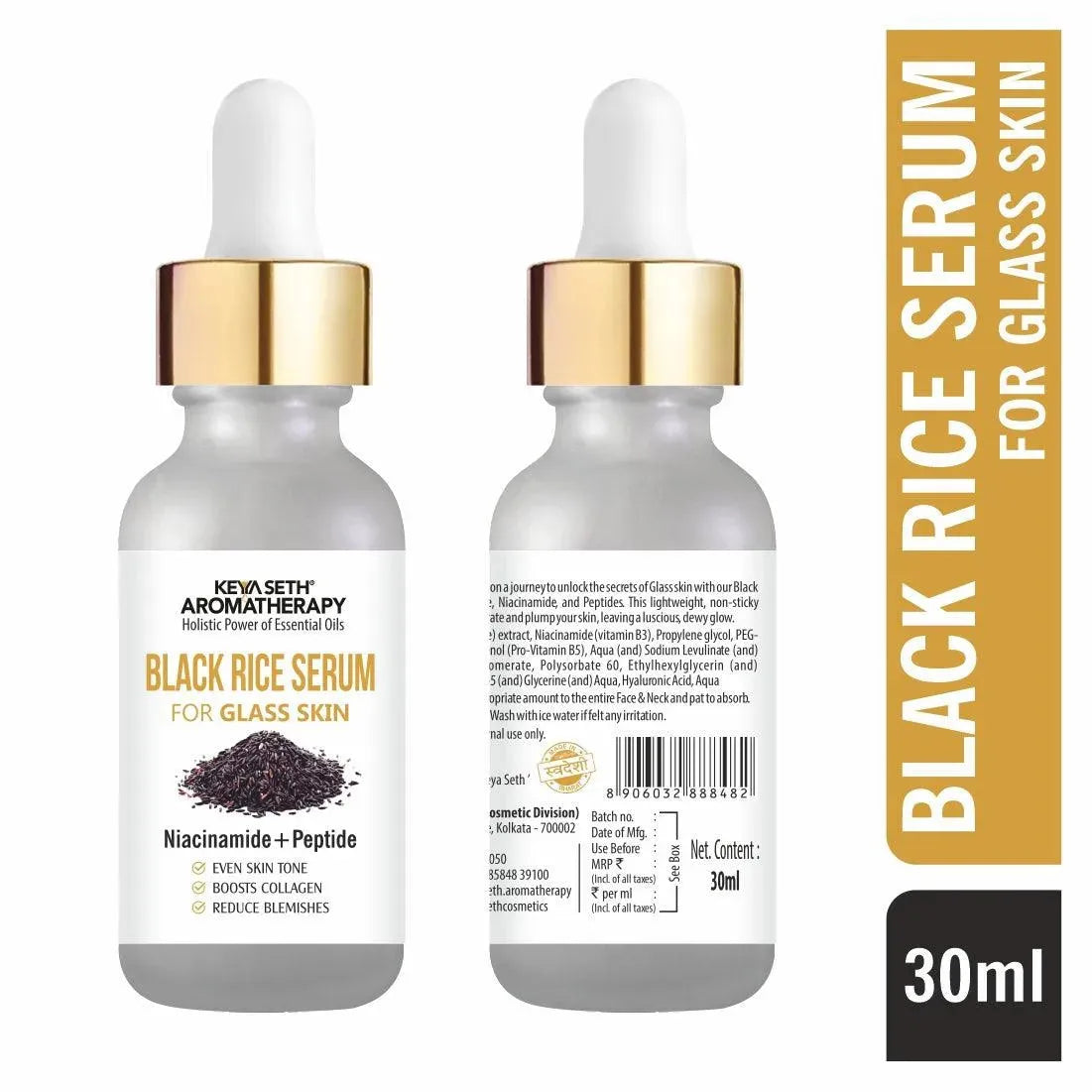 Black Rice Serum for Clear Glass Skin with Black Rice, Niacinamide & Peptide Reduces Blemishes, Boost Collagen & Even Complexion for Men/Women 30ml - Keya Seth Aromatherapy