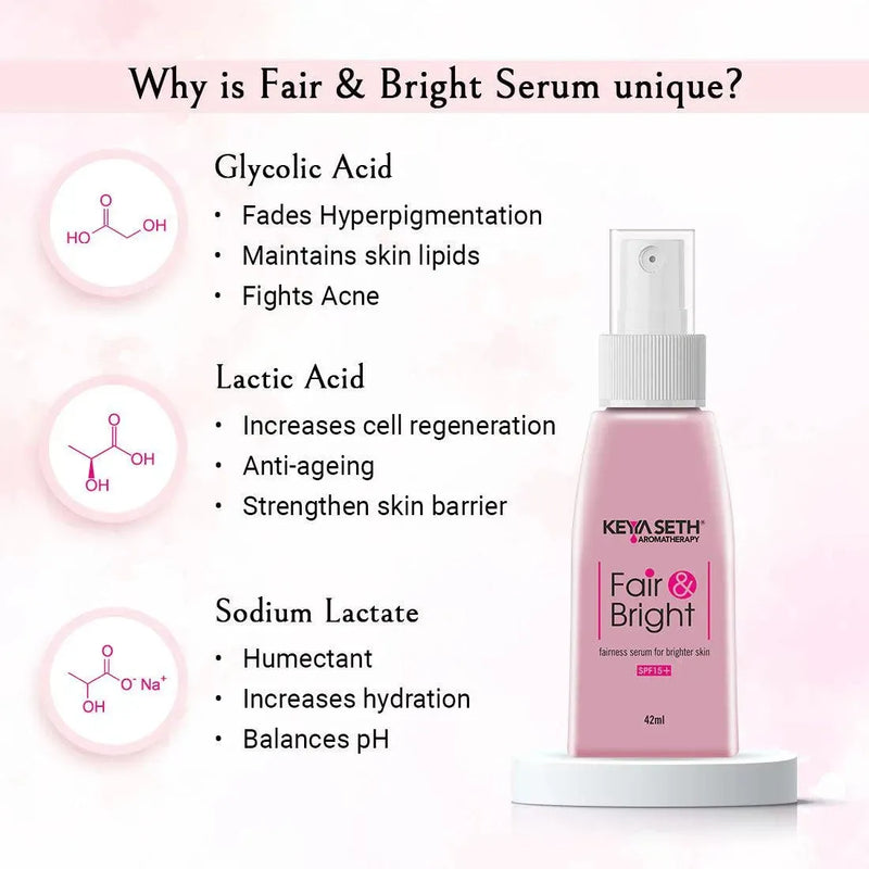 Fair & Bright Serum + Day Cream + Night Cream Overnight Repair & Fairness Treatment kit - Keya Seth Aromatherapy