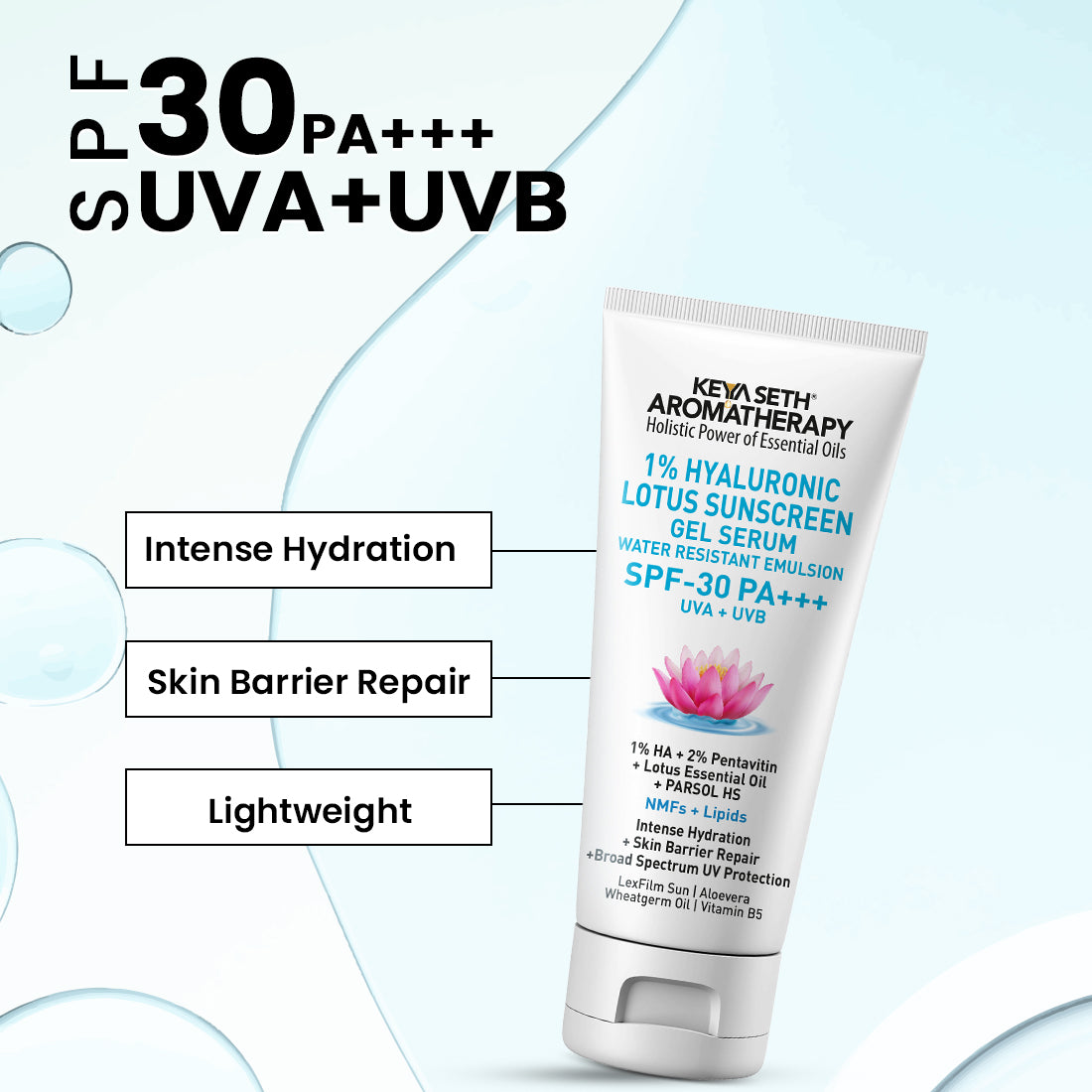 1% Hyaluronic Lotus Sunscreen Aqua GEL Serum, SPF 30 UVA + UVB ,2% Pentavitin + Parsol HS, NMFs + Lipids, Water Resistant + Skin Barrier Repair - Keya Seth Aromatherapy