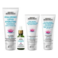 Complete Hydrating & Plumping Kit: Hyaluronic Lotus Face Wash, 1.5% Serum, Gel Moisturizer with 2% Pentavitin + Parsol HS, SPF 30+++ Sunscreen for Intense Hydration & Skin Barrier Repair - Keya Seth Aromatherapy