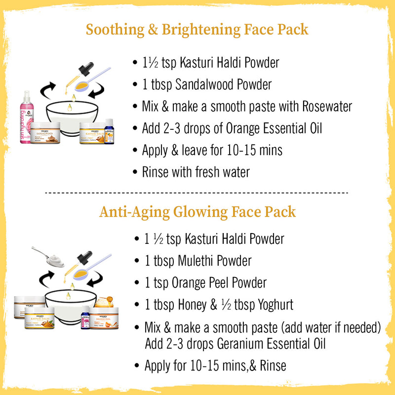 Kasturi Haldi Powder Face Pack with Curcumin & Vitamin C for Soothing, Healing, Skin Purification, Anti-Aging, Acne Reduction & Glowing Skin - Keya Seth Aromatherapy