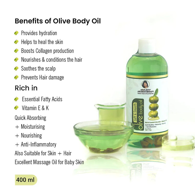 Olive Body Oil, Quick Absorbing Non-Sticky Nourishment I Hair & Skin, Daily Use After Bath Massage Oil I Pure Olive & Essential Oils Enriched - Keya Seth Aromatherapy