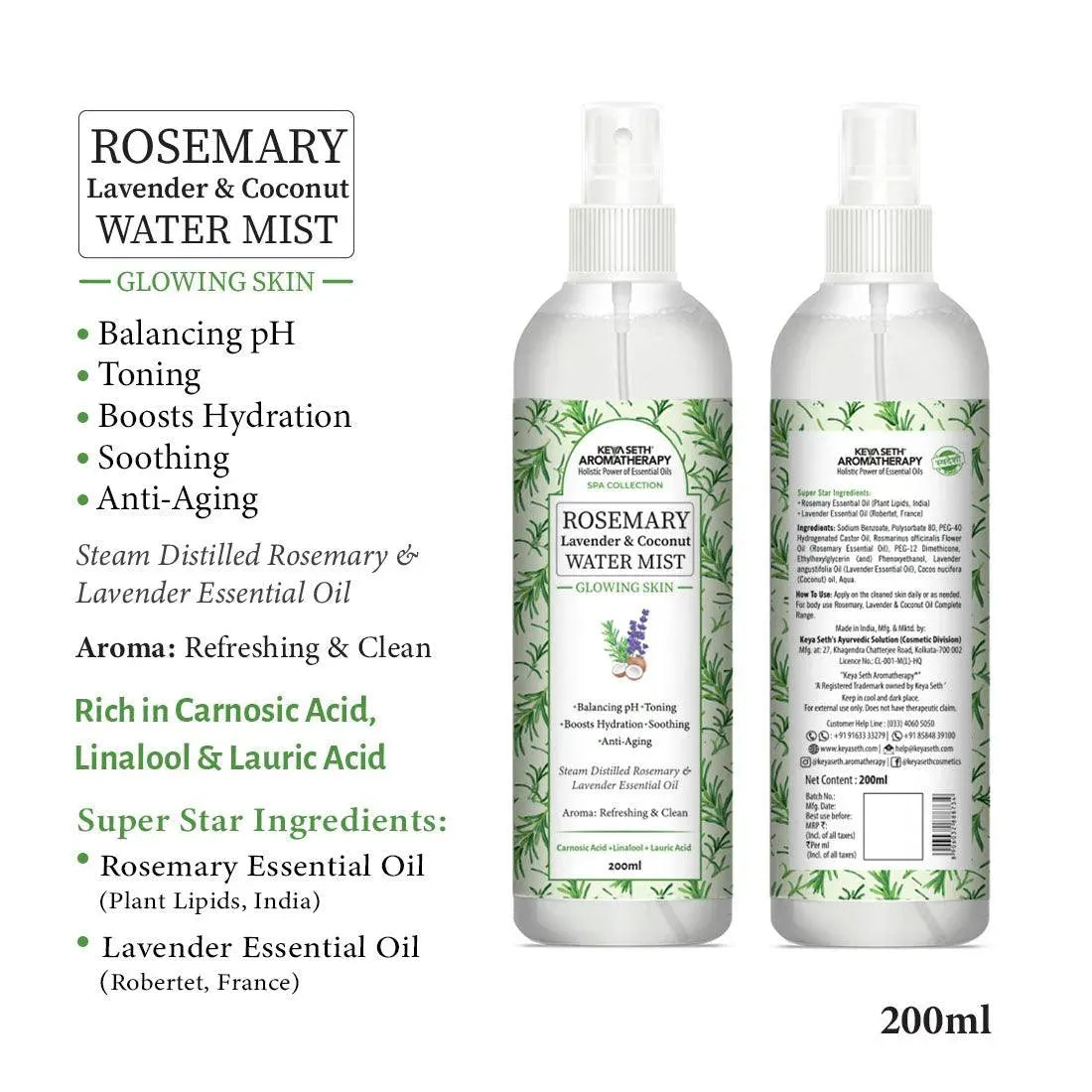 Rosemary Lavender Coconut Water Mist Spray Face Toner, Glowing Skin Hydration Soothing Anti Aging, Distilled Essential Oil - Keya Seth Aromatherapy