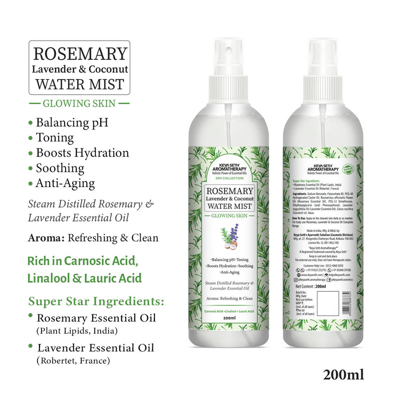 Rosemary Lavender Coconut Water Mist Spray Face Toner, Glowing Skin Hydration Soothing Anti Aging, Distilled Essential Oil