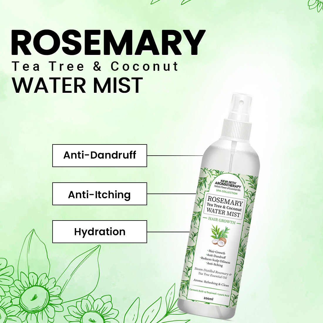 Rosemary Tea Tree Coconut Water Mist Spray,Hair Growth,Reduces Dandruff Scalp Itching & Oiliness,Steam Distilled Essential Oil - Keya Seth Aromatherapy