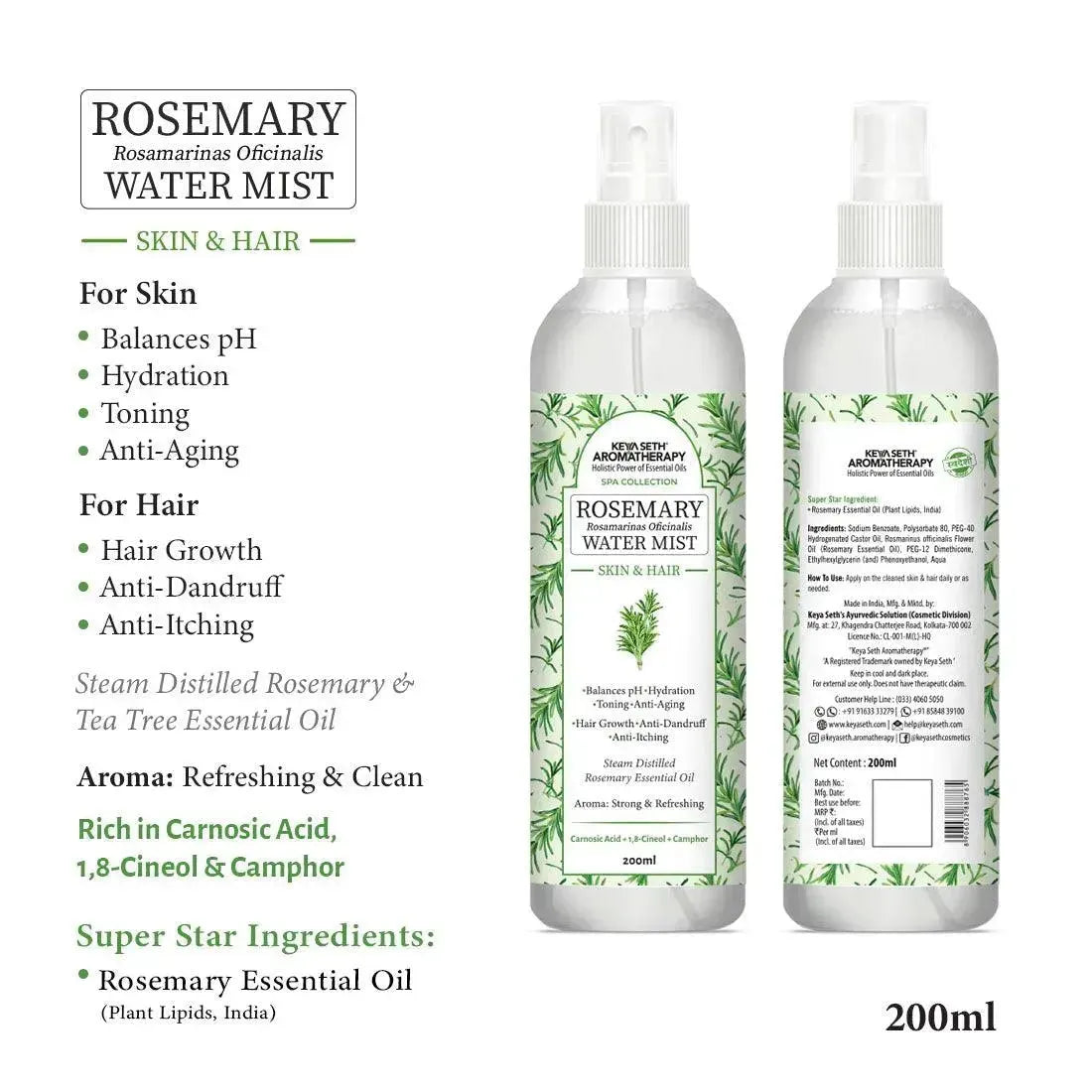 Free Rosemary Water Spray Mist Hair Growth & Skin Toner, Hydration,Anti Dandruff,Reduces Scalp Itching Rosemary Essential Oil - Keya Seth Aromatherapy