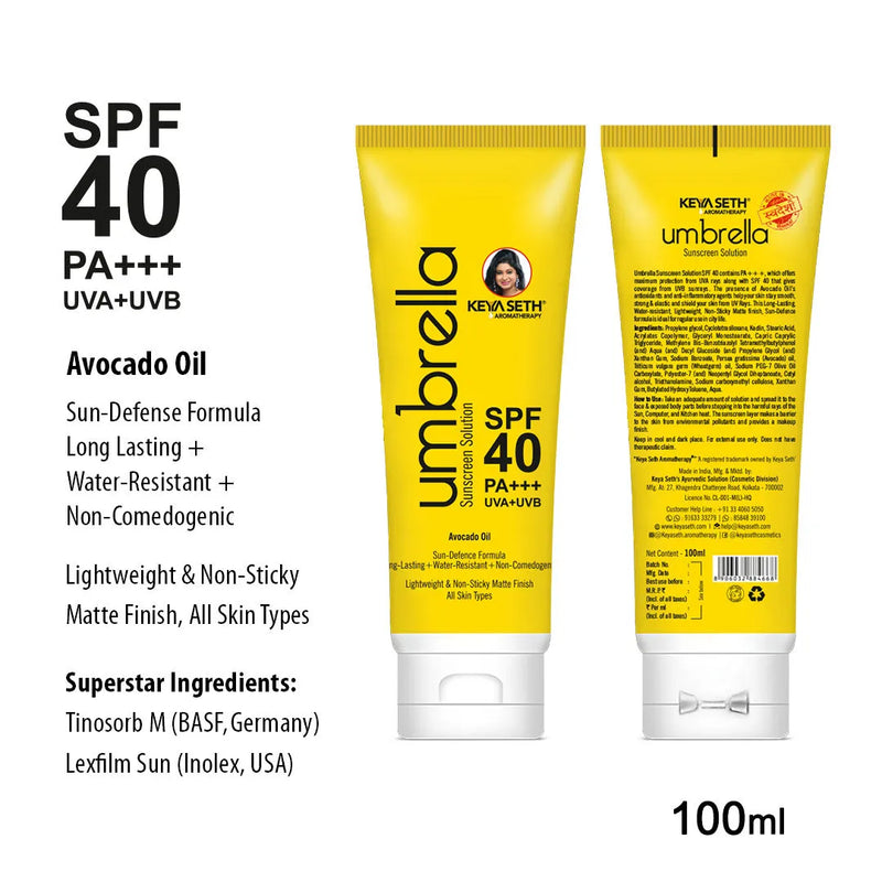 Umbrella Sunscreen Solution SPF 40, Broad Spectrum Protection, No White Cast, Lightweight Matte Finish with Avocado 100ml
