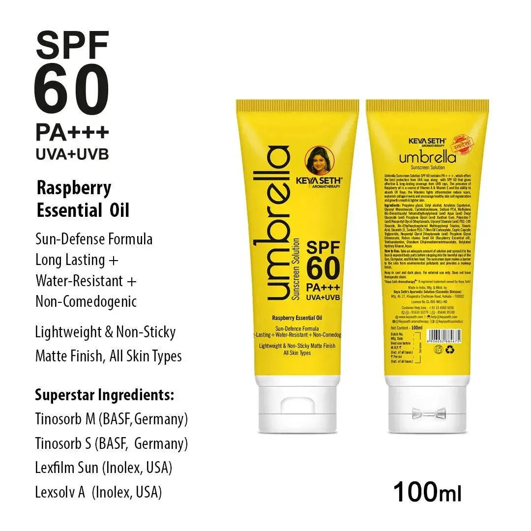 Umbrella Sunscreen Solution SPF 60, Broad Spectrum Protection, No White Cast, Lightweight Matte Finish with Raspberry Oil 100ml - Keya Seth Aromatherapy