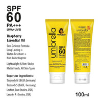 Umbrella Sunscreen Solution SPF 60, Broad Spectrum Protection, No White Cast, Lightweight Matte Finish with Raspberry Oil 100ml - Keya Seth Aromatherapy