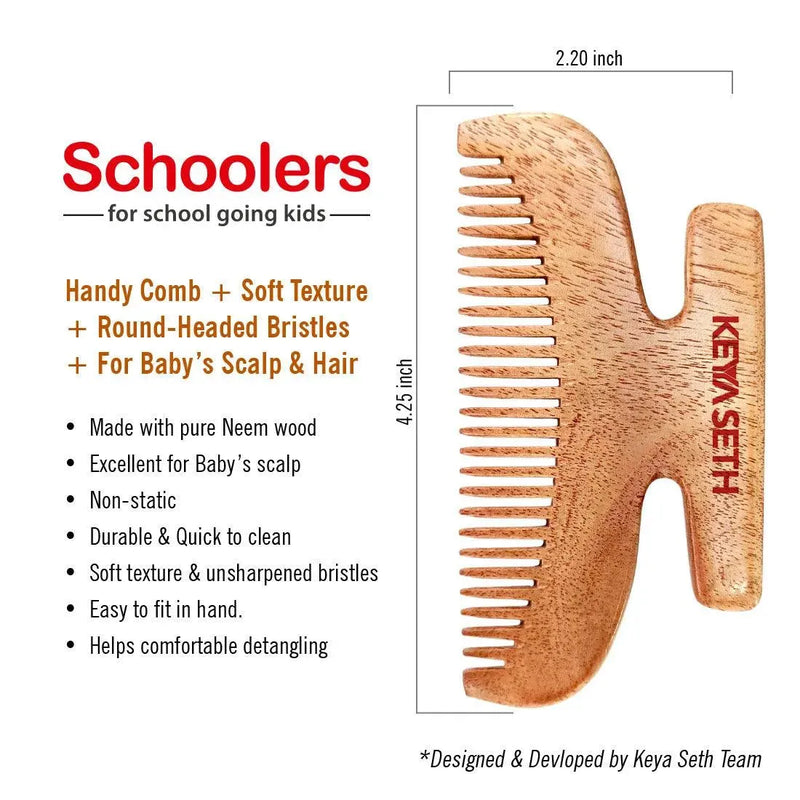 Schoolers Neem Wood Comb for Babies & Kids: Organic, Soft Bristles, Natural Grooming for Hair Growth, Scalp-friendly, Anti-Static, Handmade for Gentle Care of Delicate Scalp - Keya Seth Aromatherapy